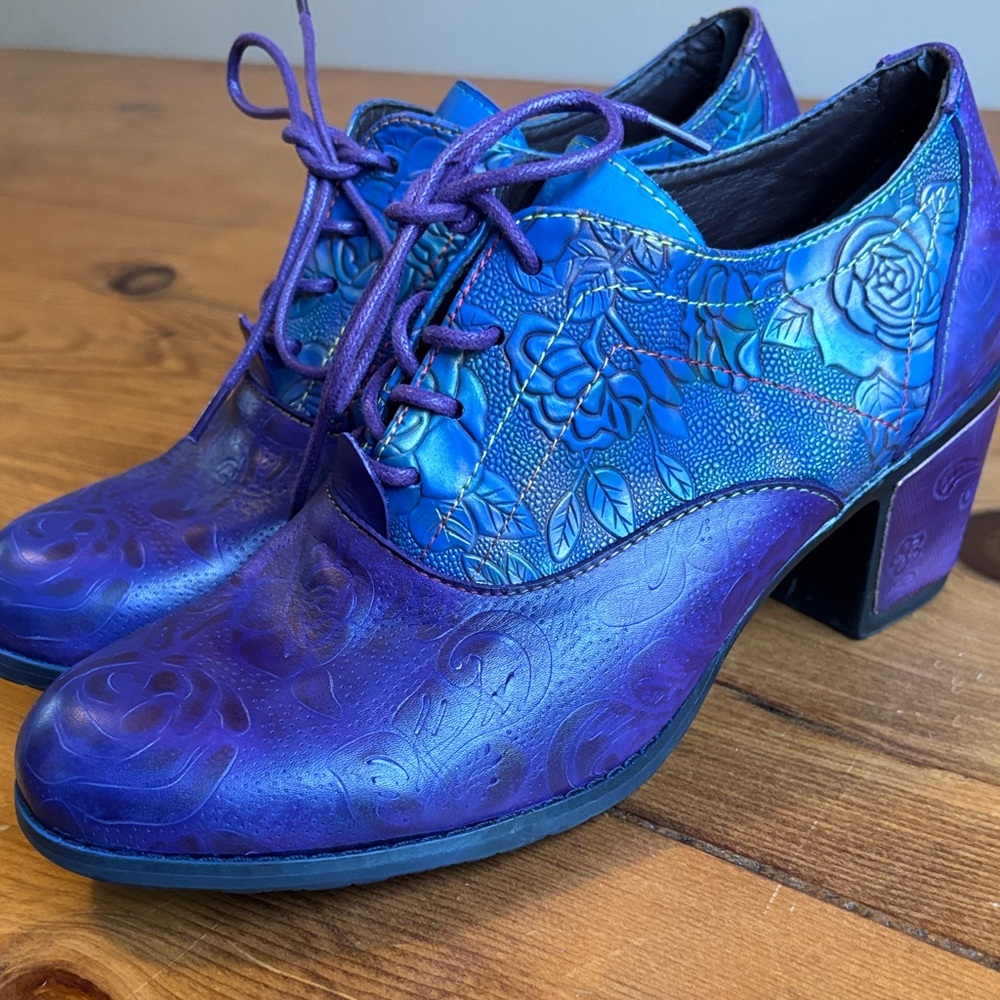 Handcrafted Leather Oxford Pumps Blue and Purple Women's Shoes Size 8.5 New